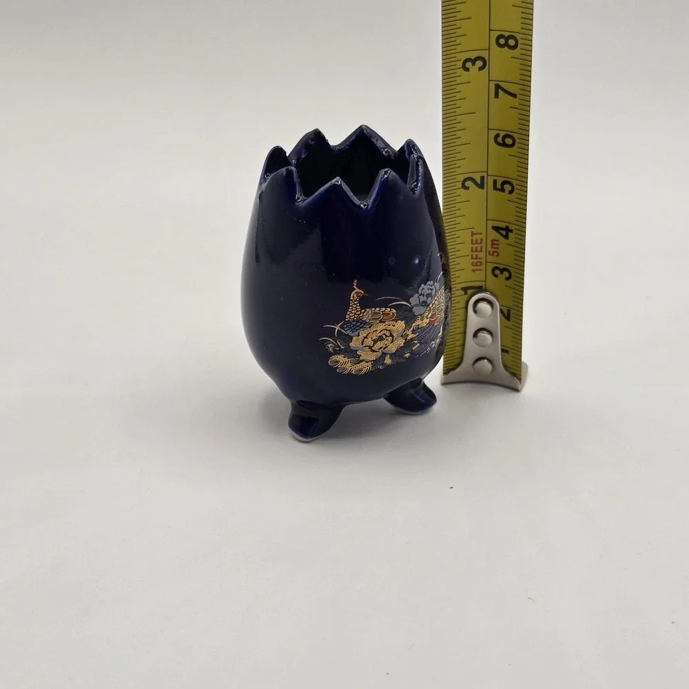 Cobalt Blue Oriental Tripod Toothpicks Holder Bud Vase Peacock Motif‎ 2.5